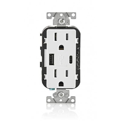 Leviton T5633-W USB Type A/Type C Wall Outlet Charger with Tamper Resistant Outlet